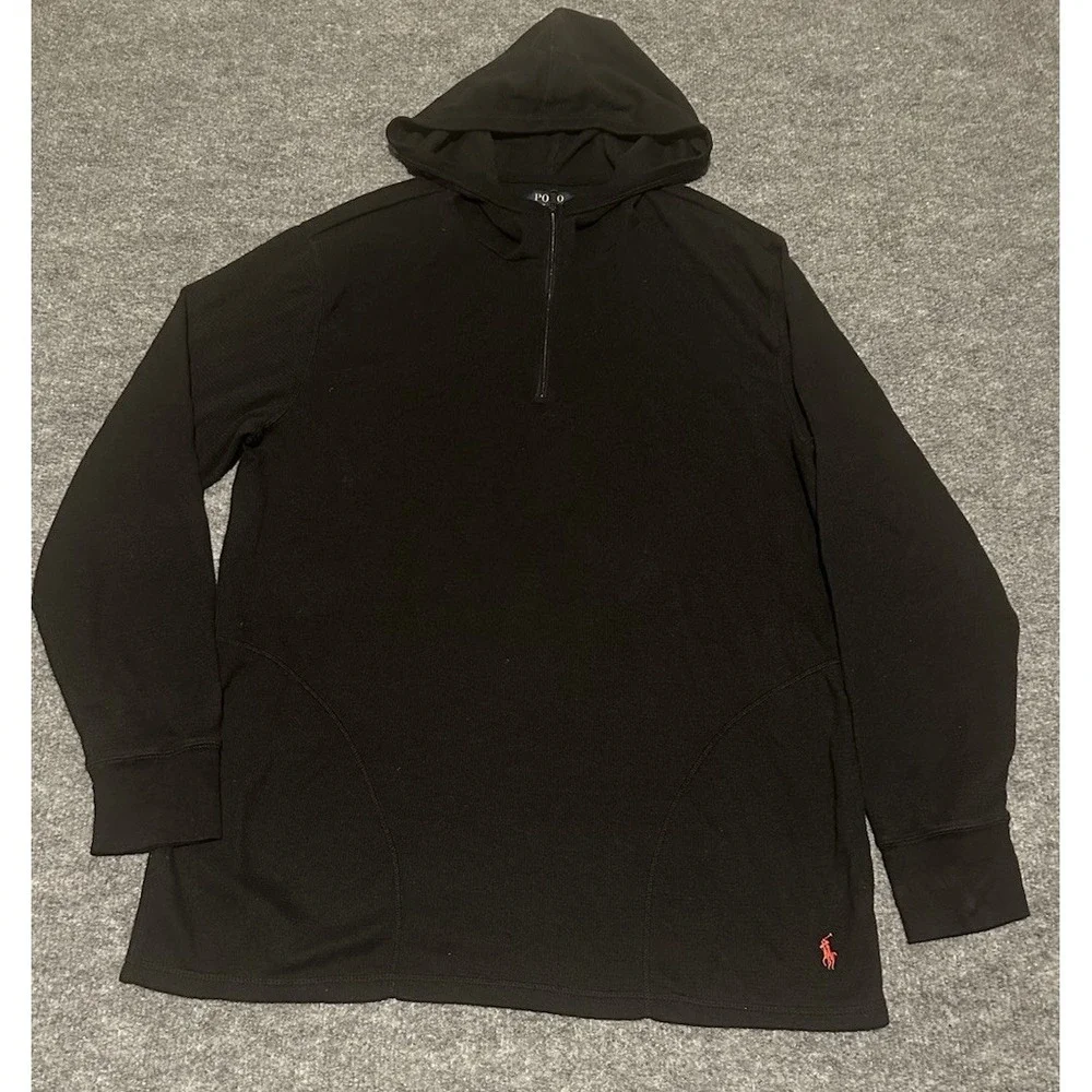 Polo Ralph Lauren Men's L Black Waffle Knit Hoodie 1/4 Zip Lightweight